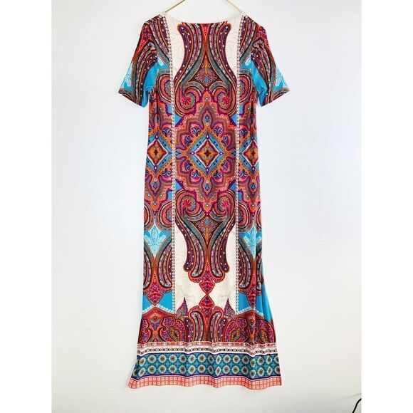CHICO'S WOMEN'S MULTICOLOR SHORT SLEEVE MEDALLION LONG DRESS Sz 0 Small - Picture 8 of 8